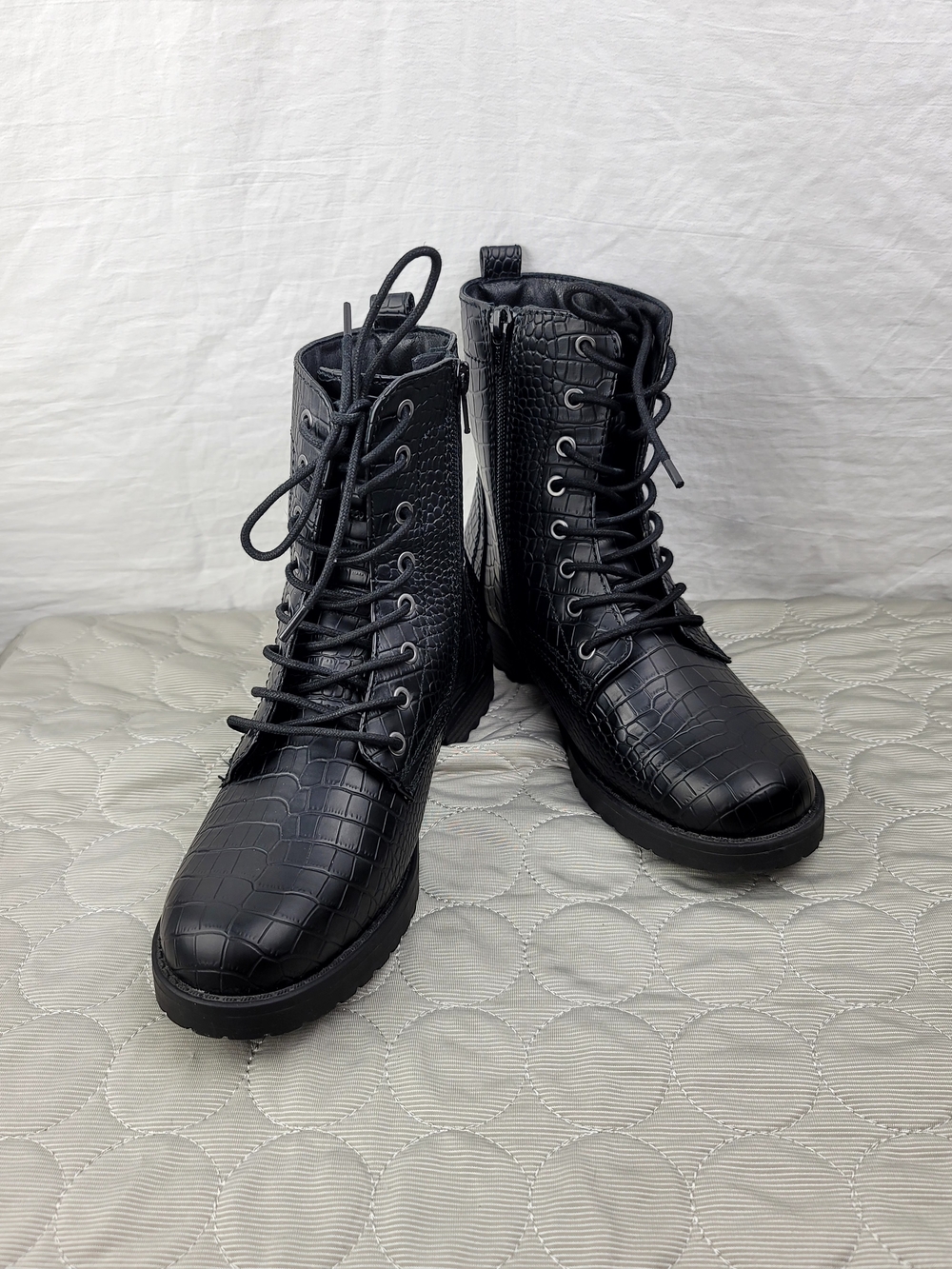 Black Croc-Embossed Lace-Up Combat Boots - Women